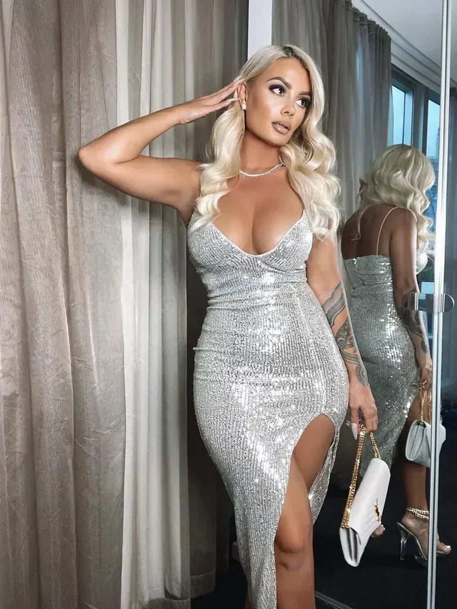 Sequin Deep V-Neck Spaghetti Strap High Split Bodycon Midi Dress - View 6
