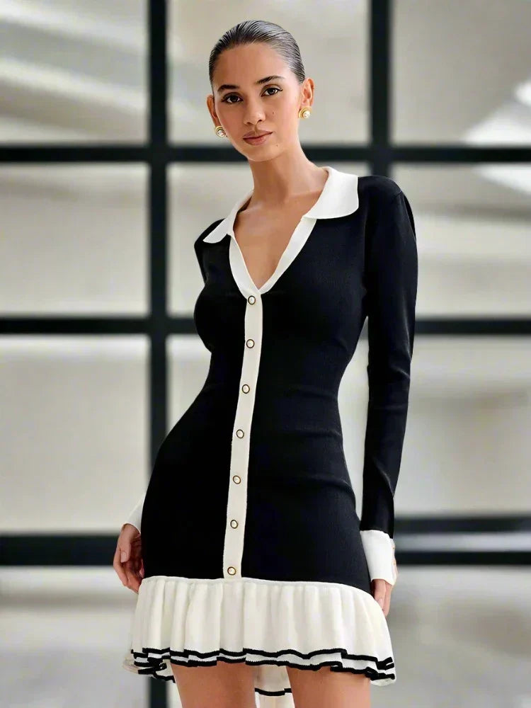 Ruffled Contrast Bow Open Back Lace - Up Knit Mini Dress