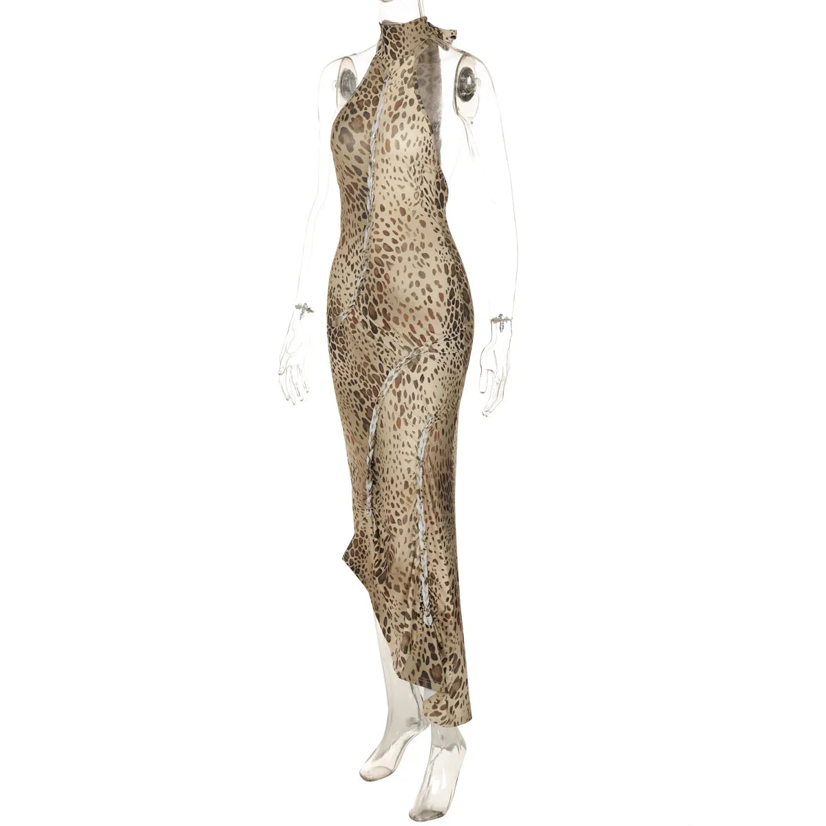 Leopard Print Halter Neck Lace Up Cut Out Ruched Bodycon Midi Dress - View 10