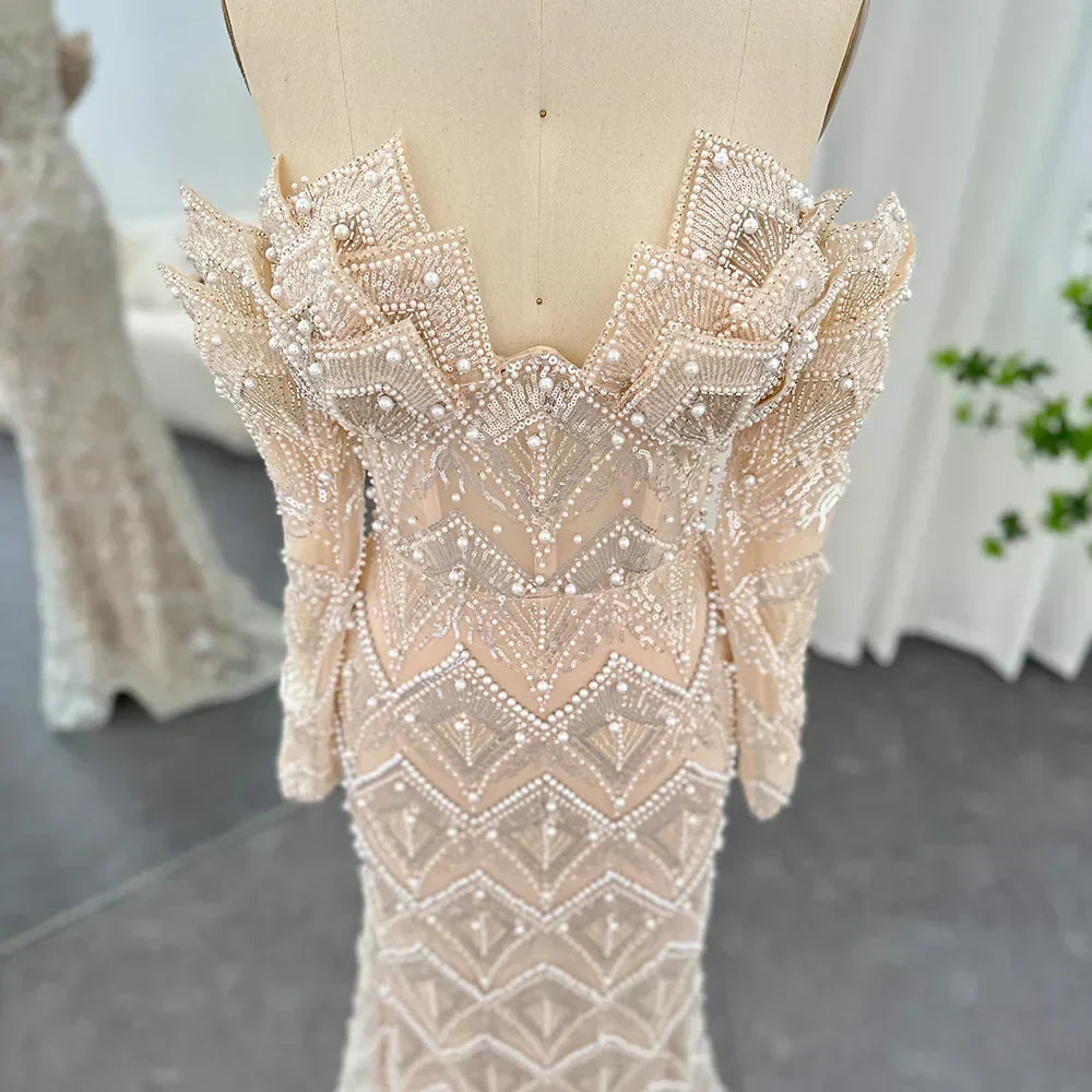 Beaded Off Shoulder Long Sleeve Mermaid Maxi Gown - View 7
