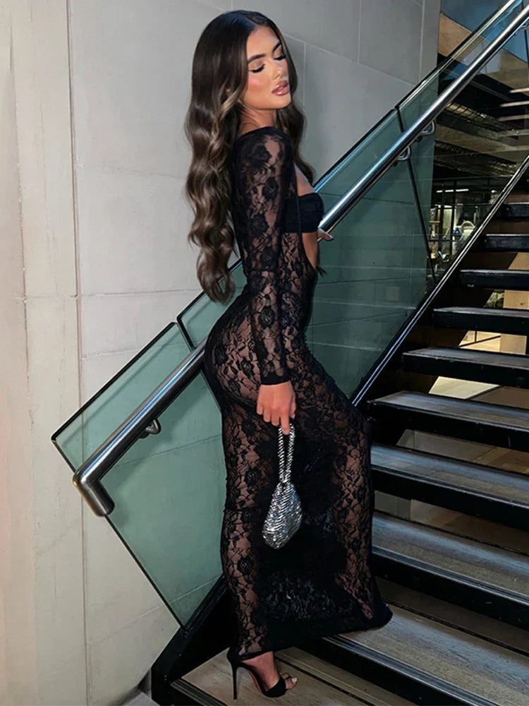 Perspective Lace Hollow Out Bodycon Maxi Dress - View 5