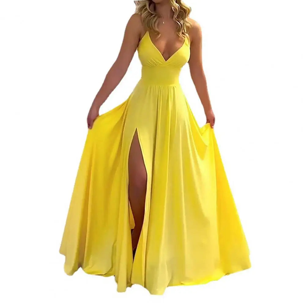 Spaghetti Strap Deep V-Neck High Split A-Line Maxi Dress - View 4
