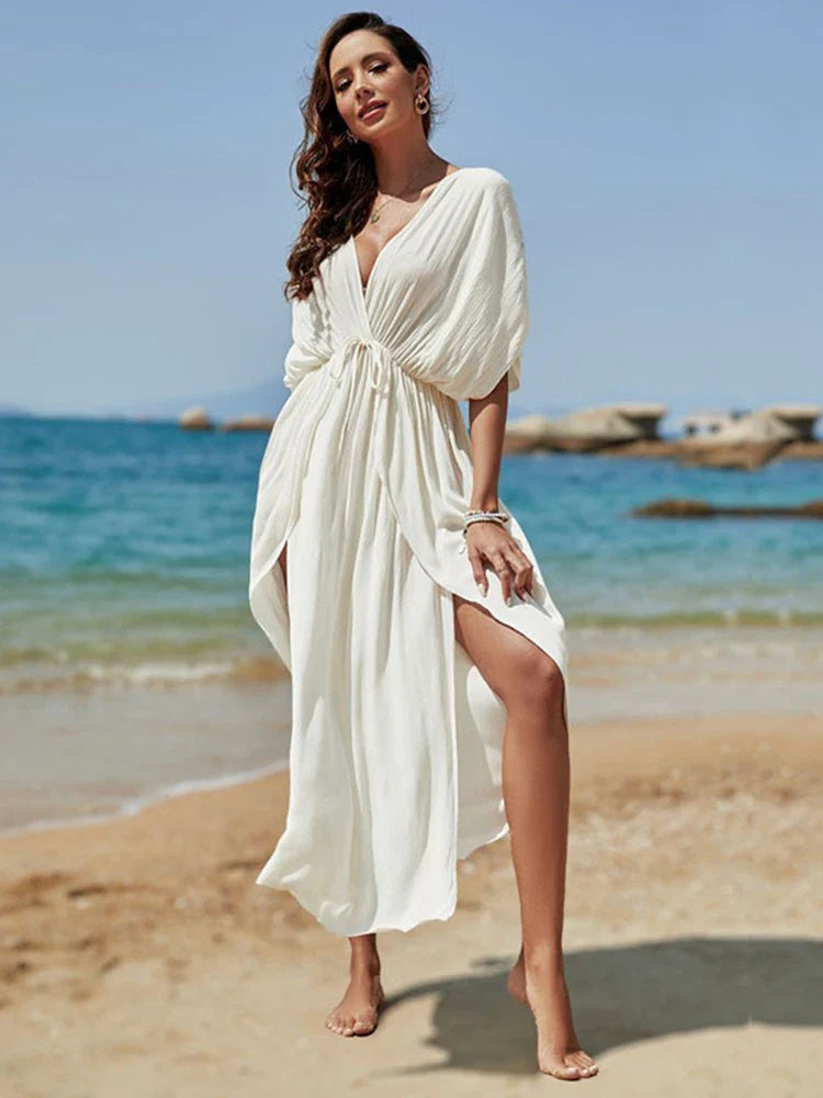Deep V-Neck Slit Cut Bikini Cover Up Dress