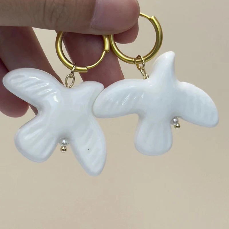 Tranquil Dove Ceramic Metal Circle Hoop Earring