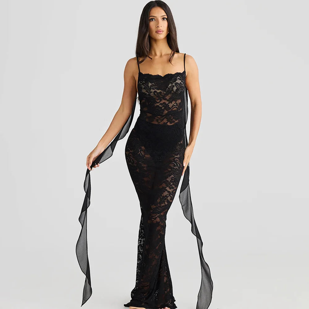 Lace Patchwork Backless Trailing Long Dress - View 14