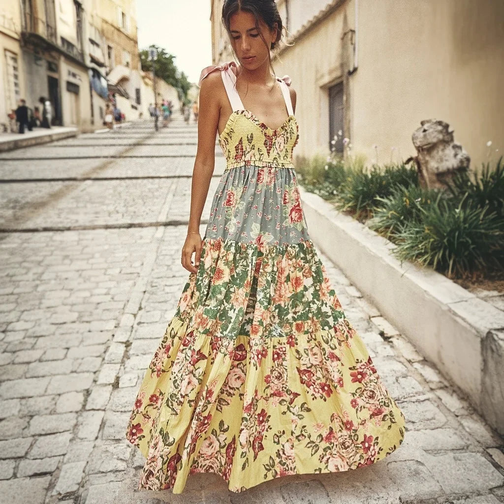 Shirring Chest Strap Floral Sleeveless Boho Dress