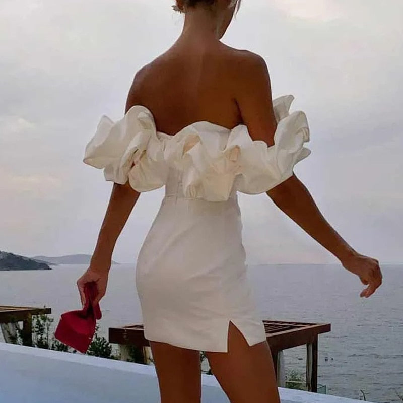 Off Shoulder Ruffle Band Open Back Bodycon Mini Cocktail Dress