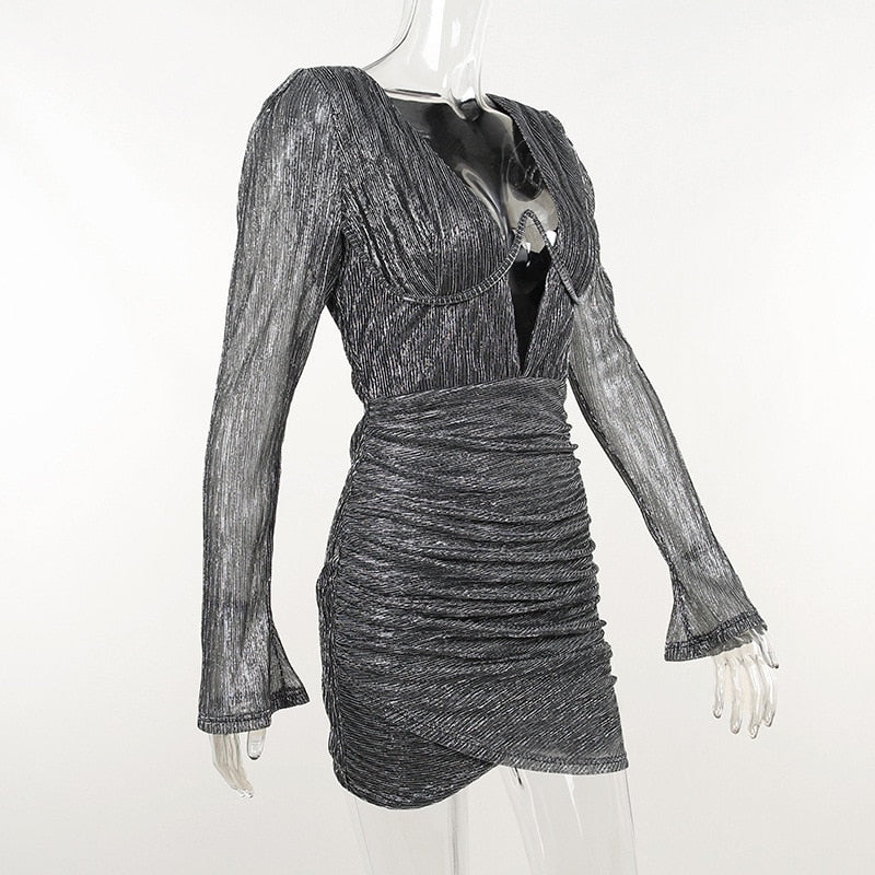 Sequin Plunge Long Sleeve Ruched Bodycon Mini Dress 8