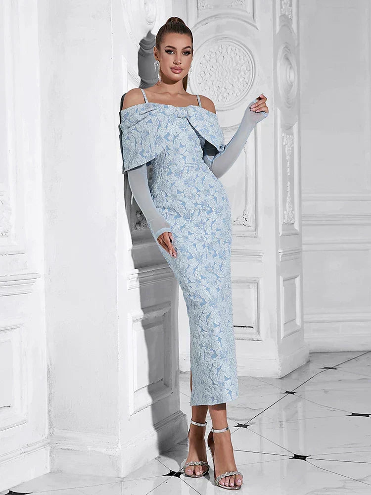 Off Shoulder Long Sleeve Jacquard High Split Midi Dress - View 4