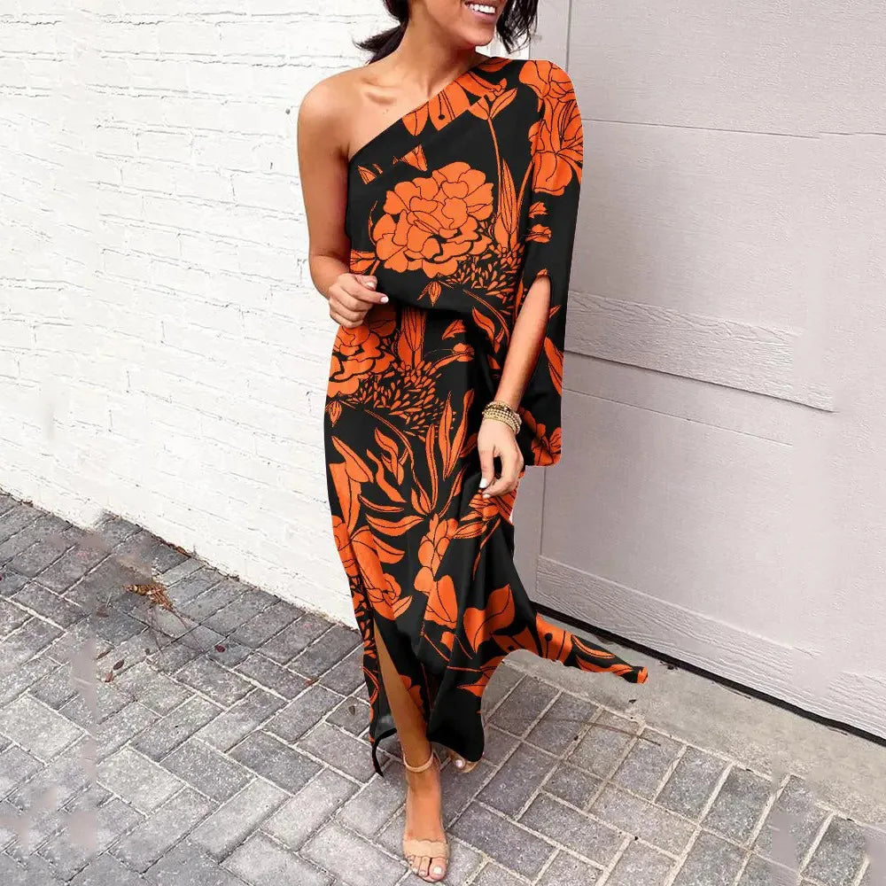 One Shoulder Long Sleeve High Split Asymmetric Maxi Dress - View 2