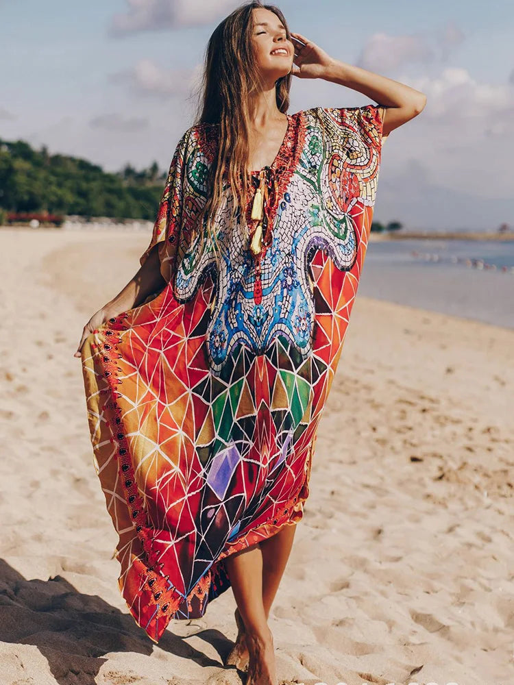 Geometric Printed Lace Up V-Neck Cover Up