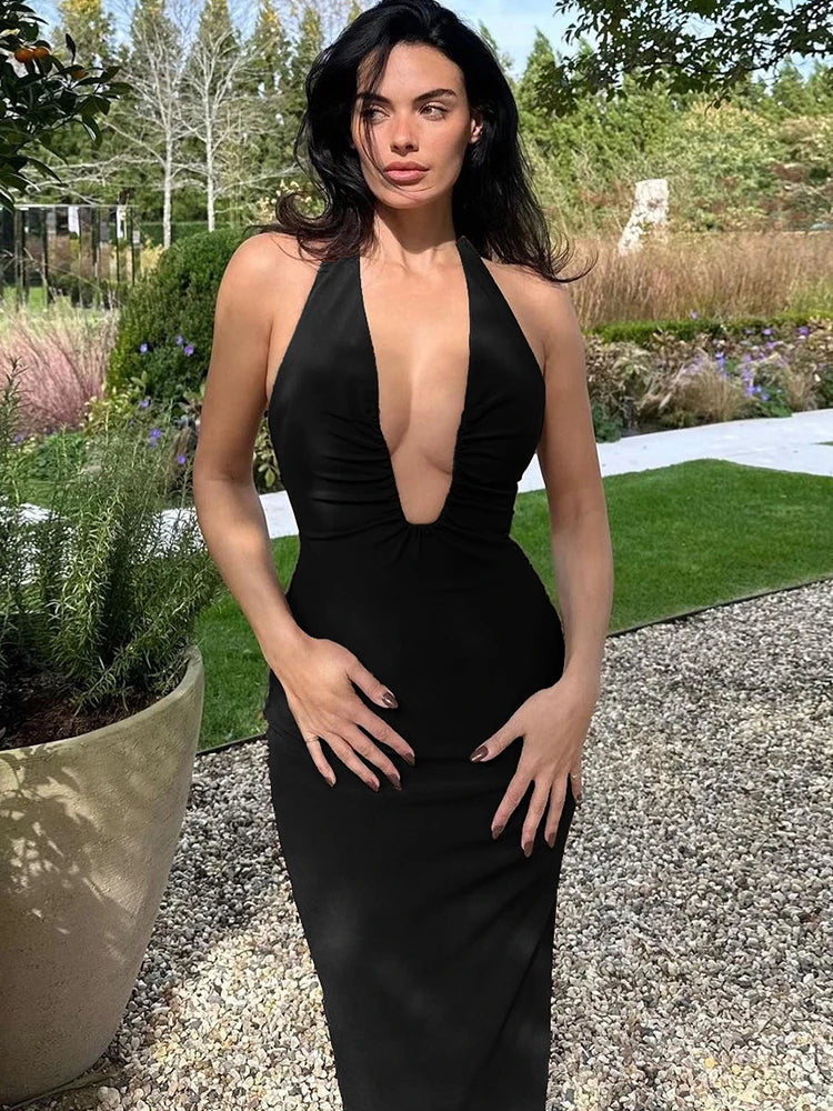 Deep Plunge Halter Neck Ruched Bodycon Maxi Dress 7
