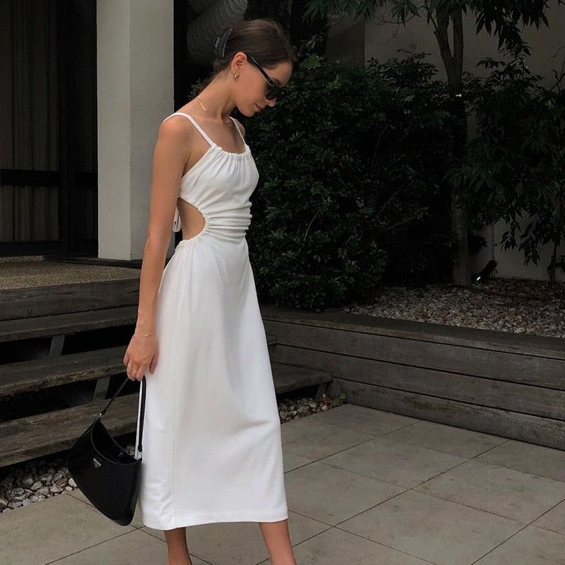 Cut-Out Ruched Backless Satin Slip Midi Dress 2