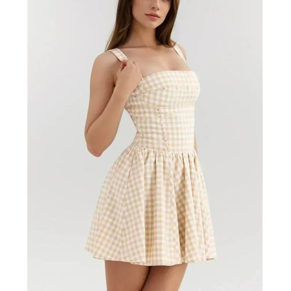 Gingham Print Square Neck Corset Paneled Pleated Mini Dress - View 3