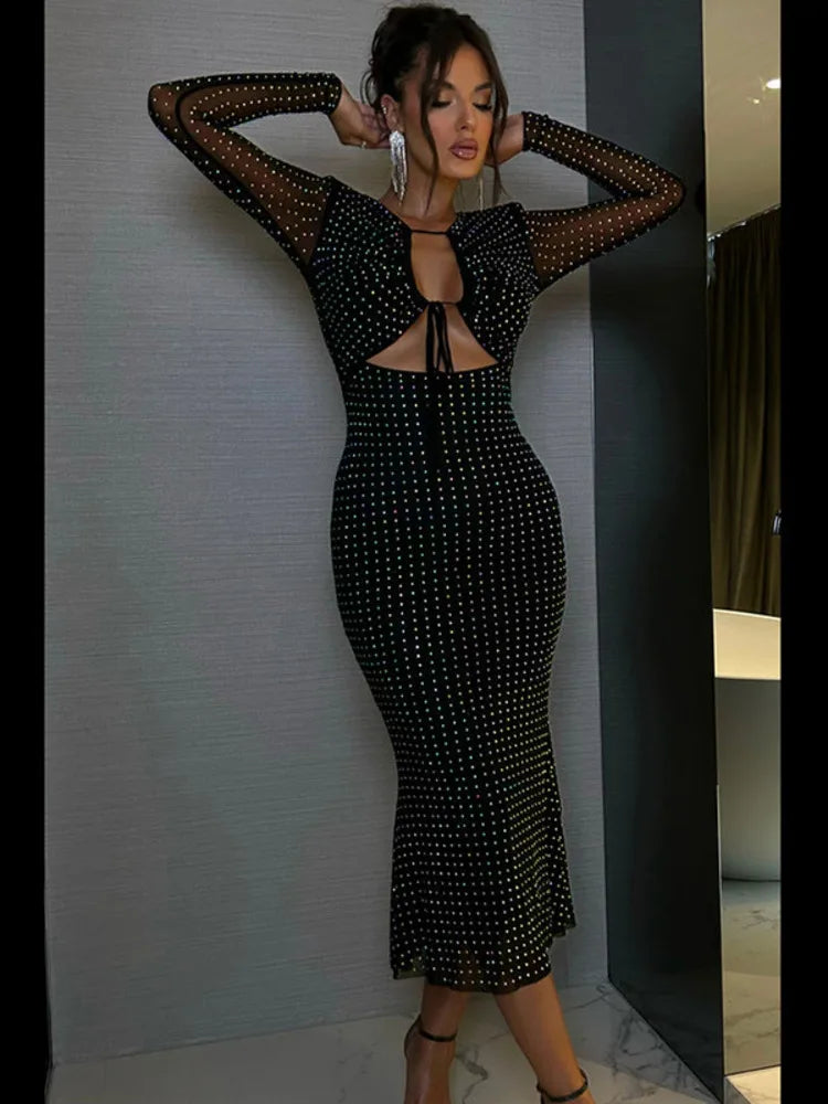 Rhinestone Plunge Long Sleeve Cut Out Bodycon Midi Dress - View 5