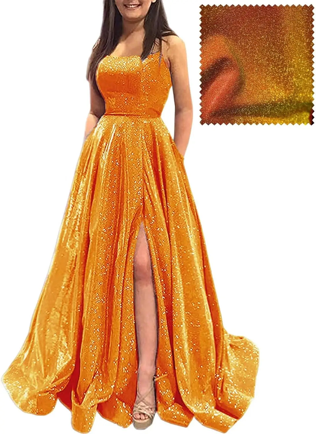 Elegant A-Line Formal Evening Gown with Pockets and Glitter - Fashionpara