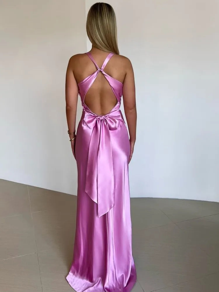 Satin Ruched Backless Maxi Dress in Purple - View 5