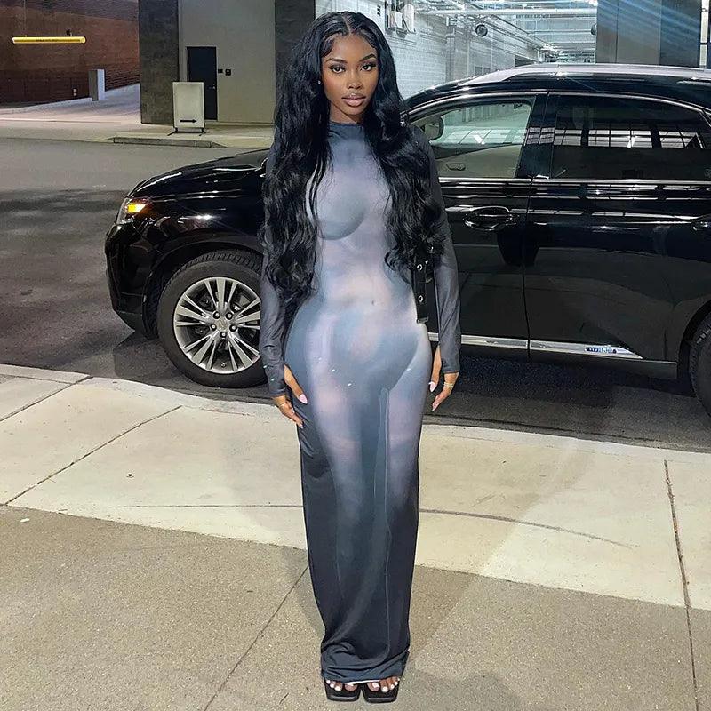 Abstract Print Mock Neck Long Sleeve Bodycon Maxi Dress 5