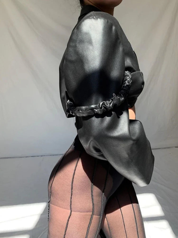 Black Slim PU 2Piece Tank Jacket - Fashionpara