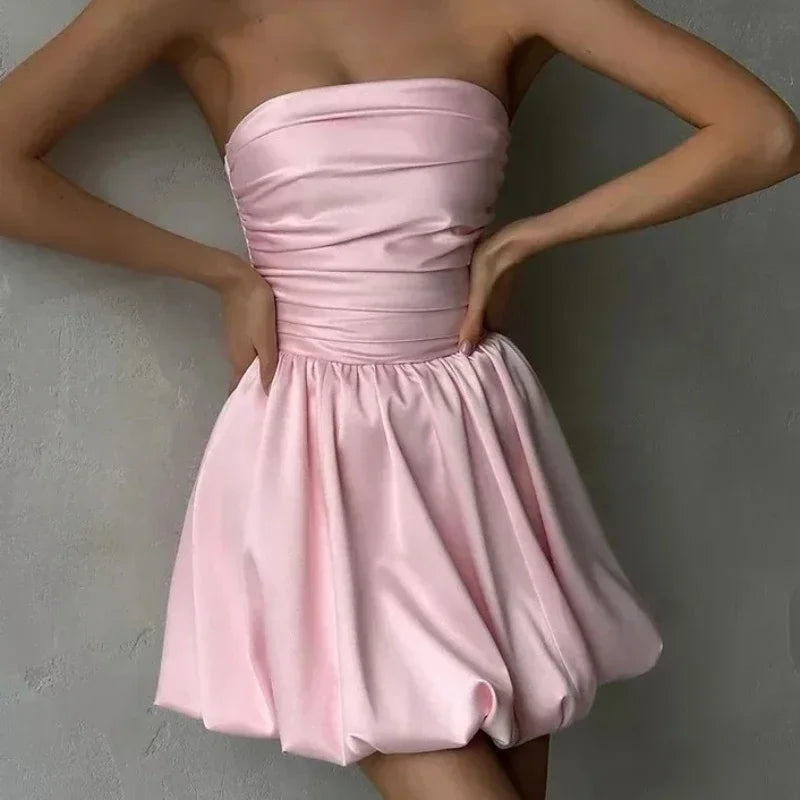 Satin Strapless Ruched Bodice Bubble Hem Mini Dress