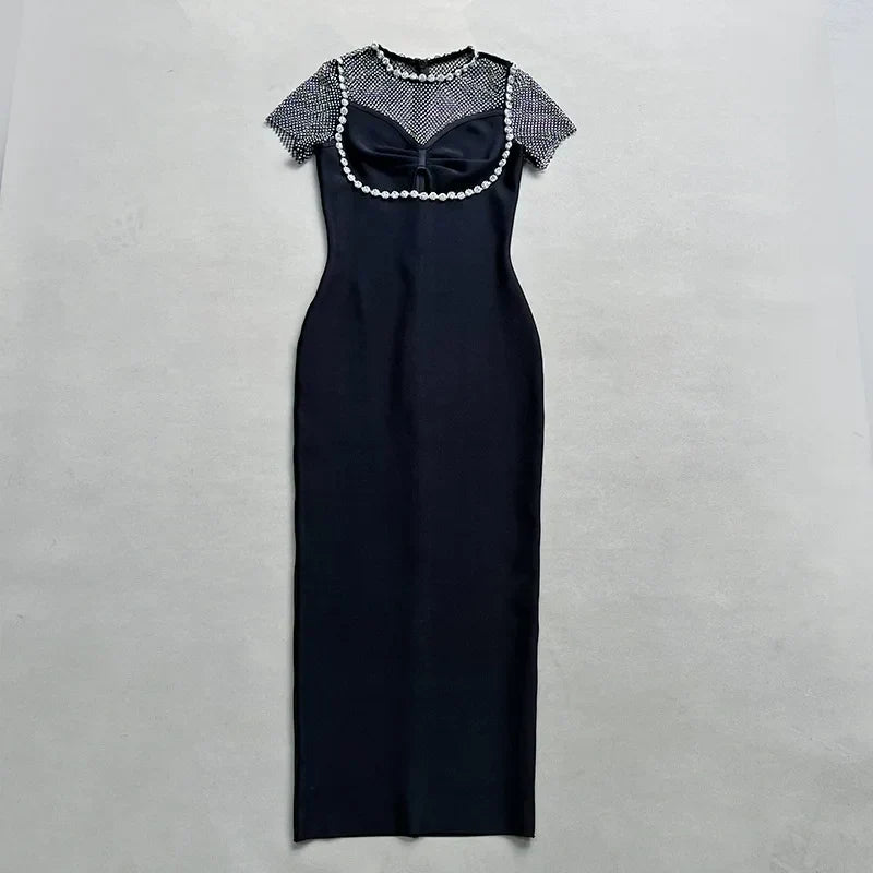 Rhinestone Mesh Crew Neck Short Sleeve Cut Out Bodycon Midi Dress - View 2