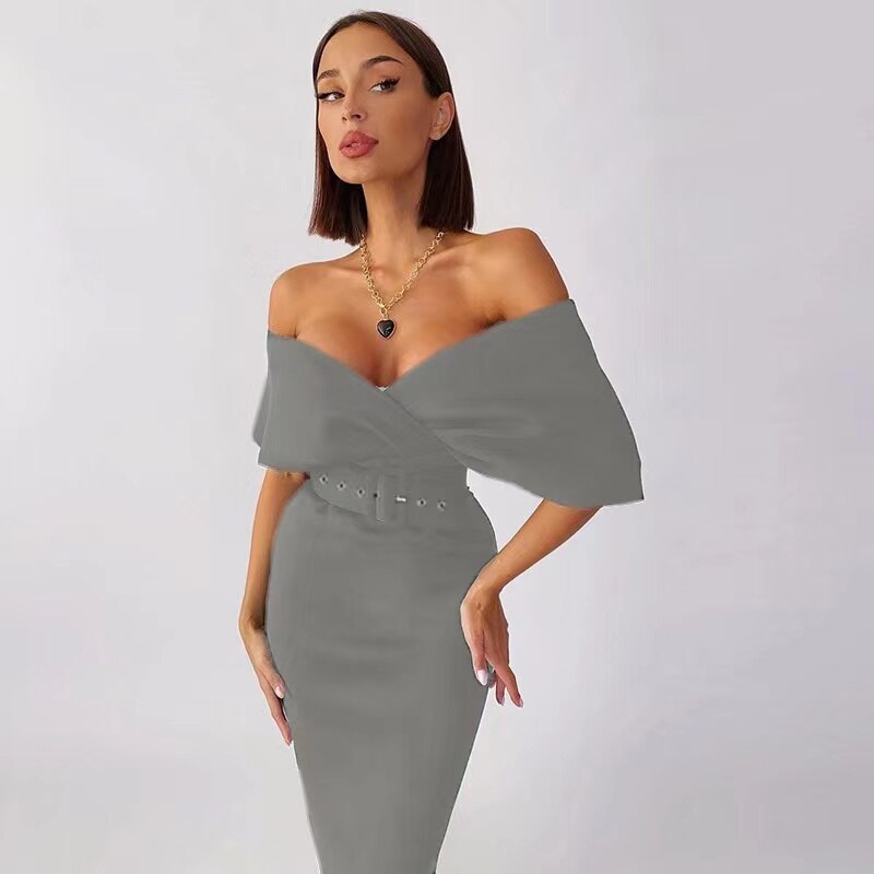 Off Shoulder Structured Collar Belted Bodycon Midi Cocktail Dress - View 4