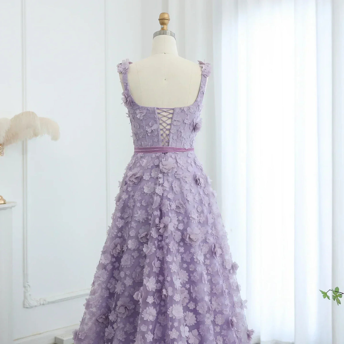 3D Floral Applique Square Neck High Split Tulle A-Line Gown - View 4