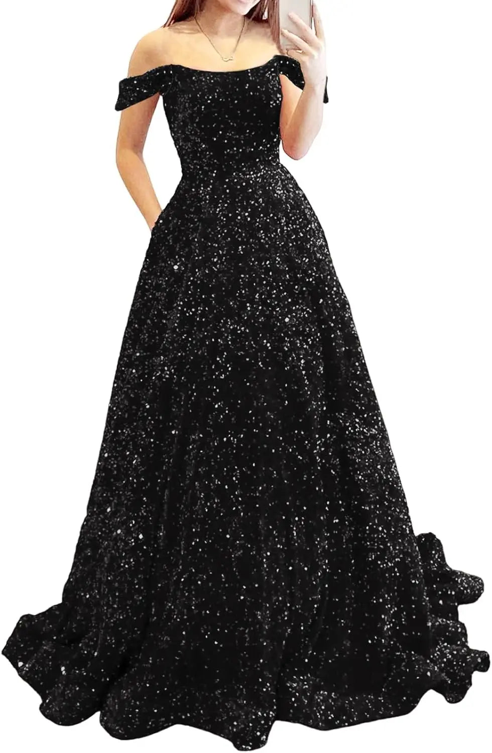 Elegant A-Line Velvet Prom Dress with Pockets and Sequins