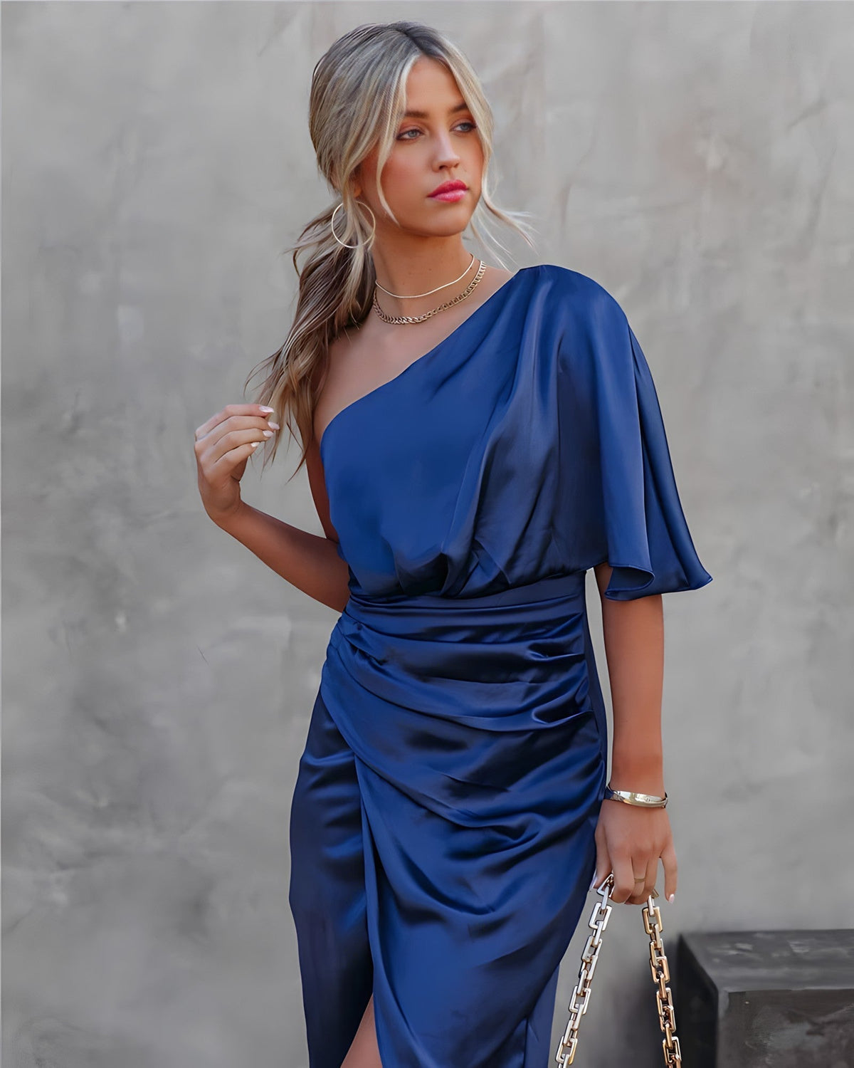 Satin One Shoulder Flutter Sleeve Ruched Wrap High Split Midi Dress