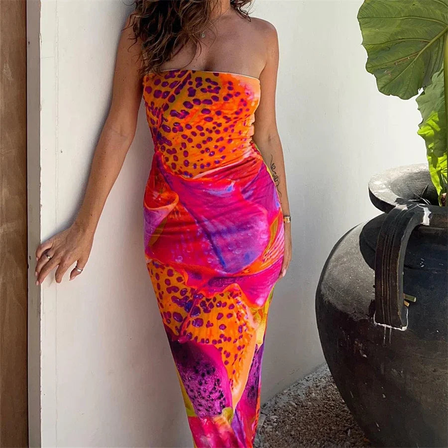 Abstract Print Strapless Ruched Bodycon Maxi Dress