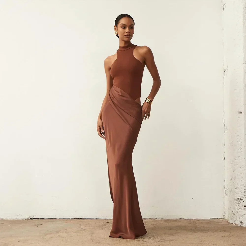 Halter Neck Sleeveless Ribbed Bodice Draped Waist Satin Maxi Gown - View 6