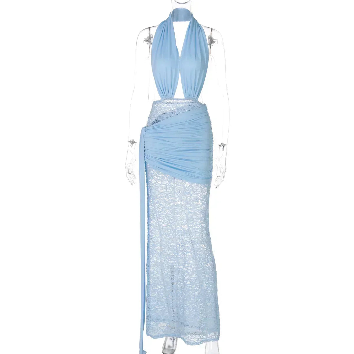 Halter Deep V Neck Lace Sleeveless Long Dress - View 24