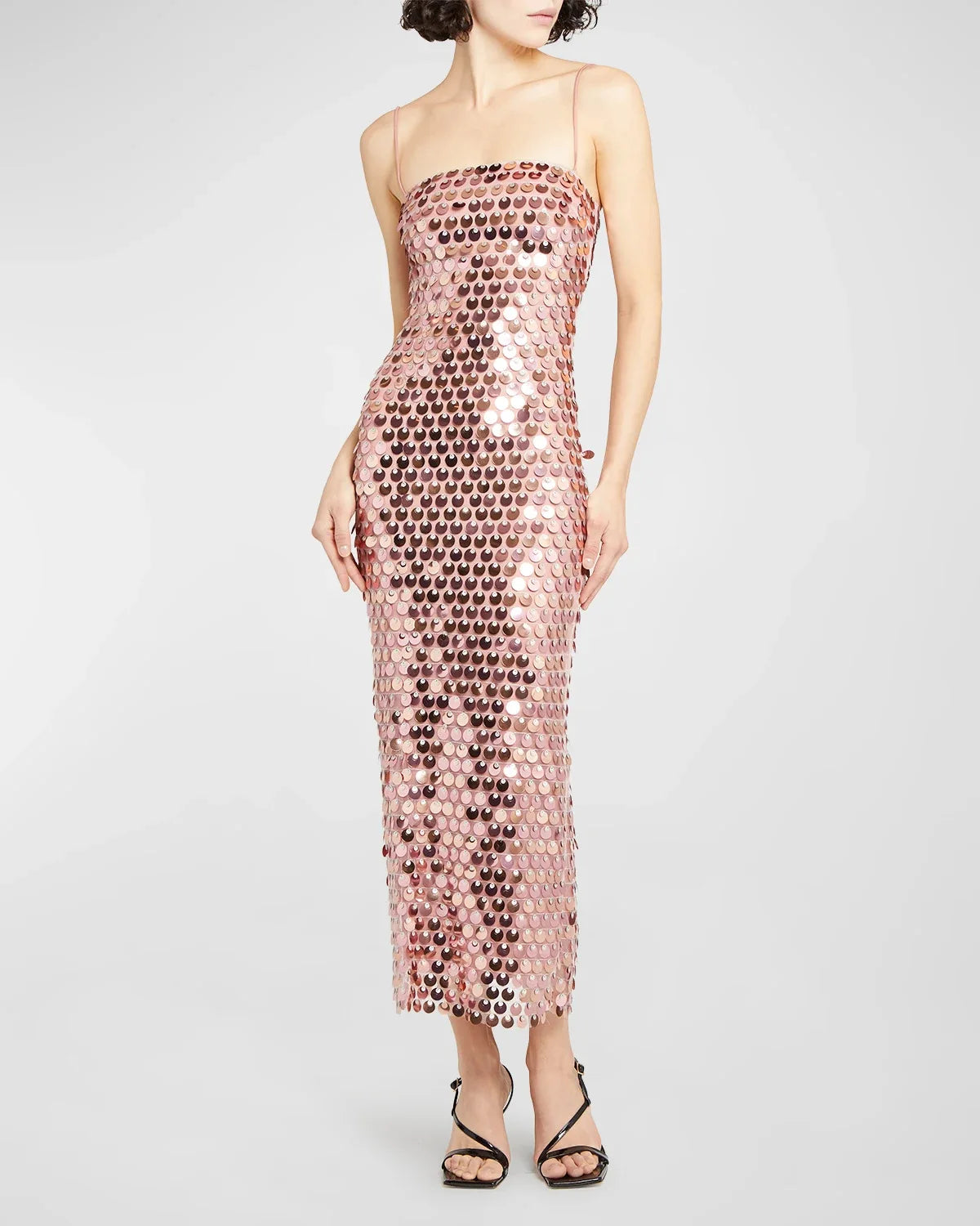 Paillette Sequin Square Neck Spaghetti Strap Bodycon Midi Dress - View 4