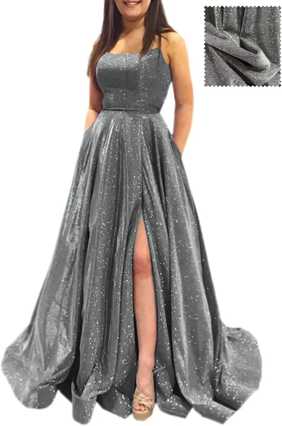 Elegant A-Line Formal Evening Gown with Pockets and Glitter - Fashionpara