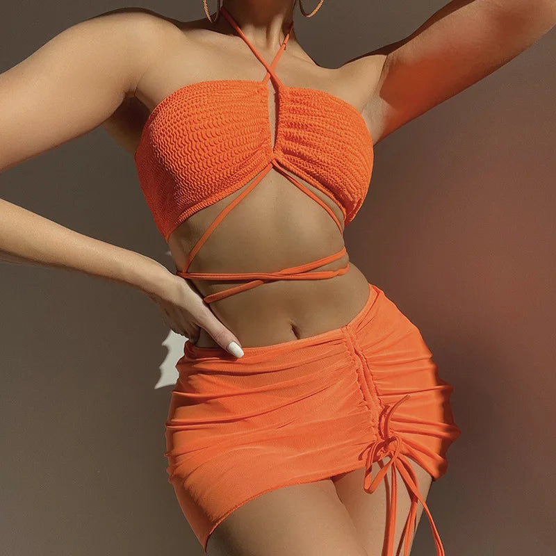 3 Piece Skirt Halter Bikini Set - Fashionpara