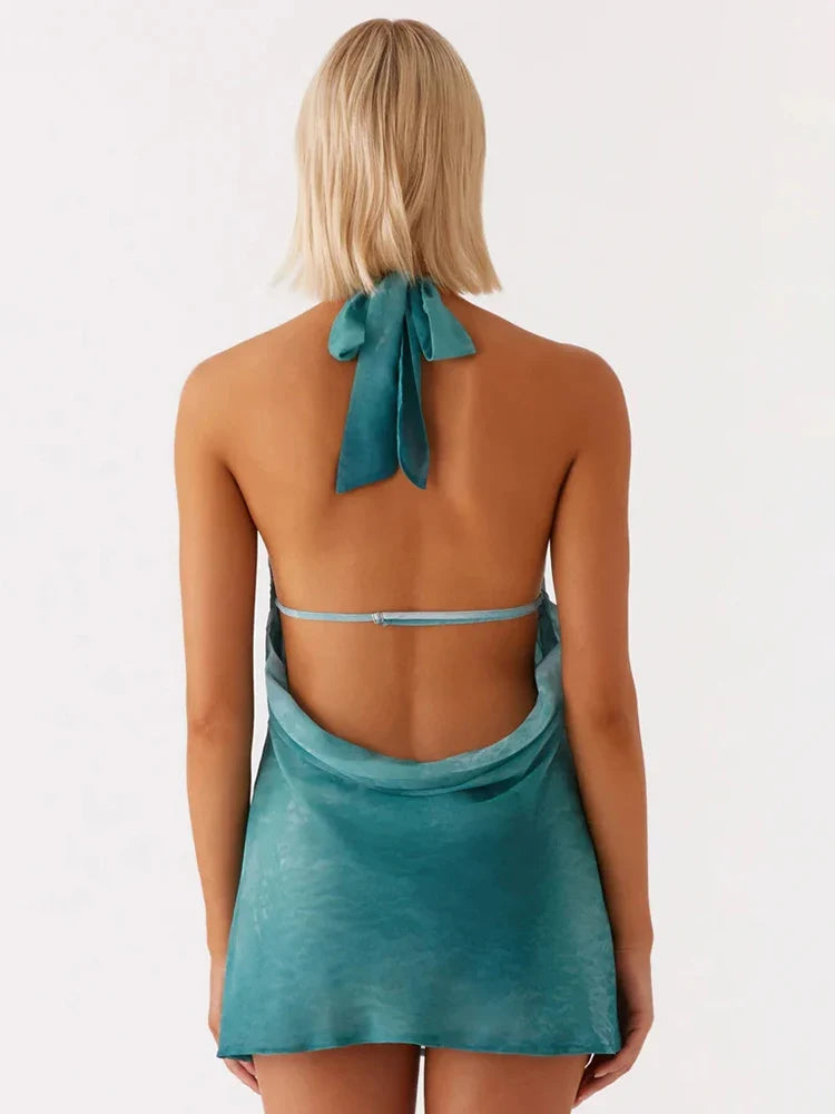 Tie Dye Halter Backless Hollow Out Off-shoulder Vacation Dress