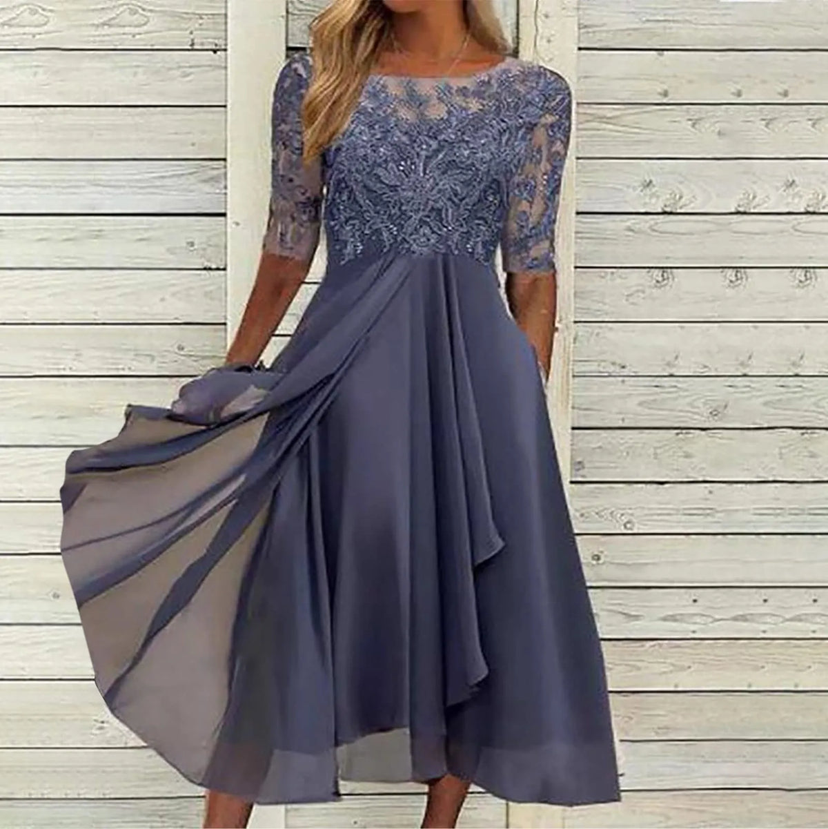 Lace Bodice Sheer Yoke Elbow Sleeve Pocket Pleated Chiffon Midi Dress - View 4
