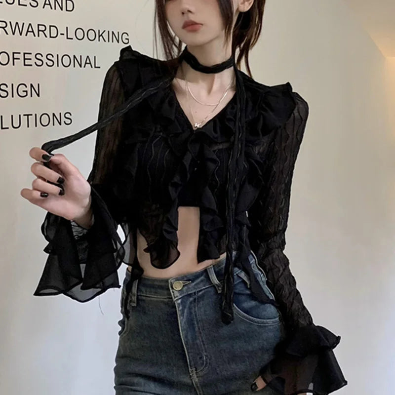 Transparent V-neck Flared Sleeve Blouse - Fashionpara