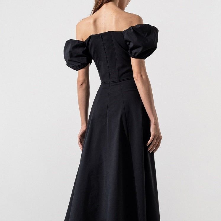 Ruched Bust Square Neck Puff Sleeve Split Midi Dress 4