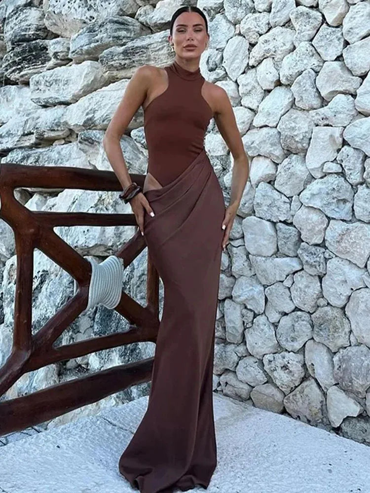 Halter Neck Sleeveless Ribbed Bodice Draped Waist Satin Maxi Gown - View 14