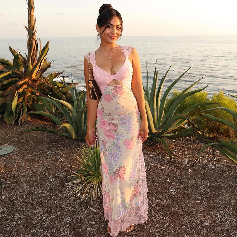 Lace Hollow Plunge Floral Dress