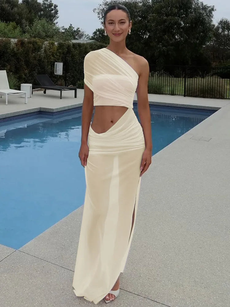 Mesh Backless One - Shoulder Long Dress