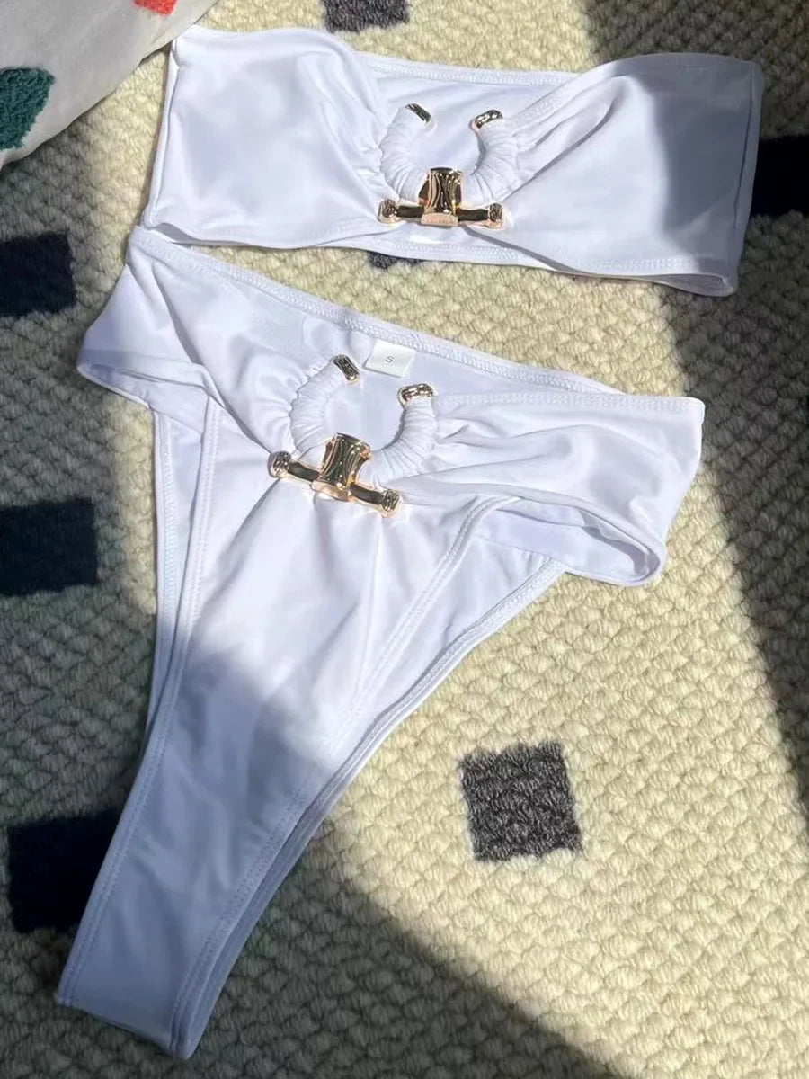 Metal Buckle High Waist Bikini Set