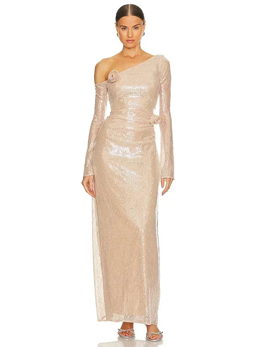 Sequin One Shoulder Long Sleeve 3D Floral Bodycon Maxi Dress
