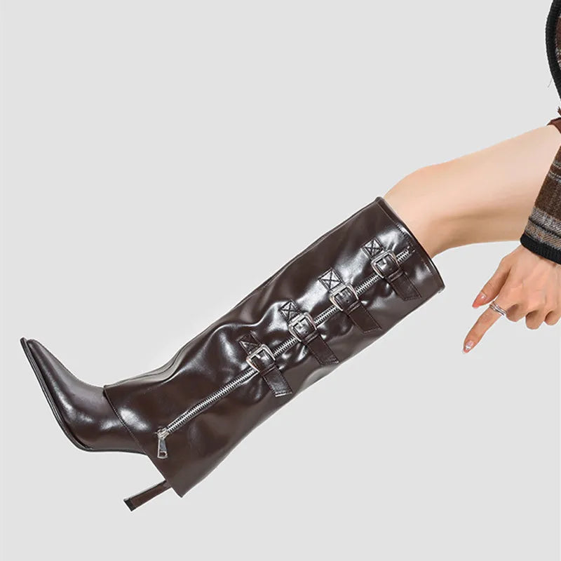 Catwalk Punk Glossy Faux Leather Alloy Clasp Tall Boot Gothic Shiny Leather Metal Buckle Knee-High Boot