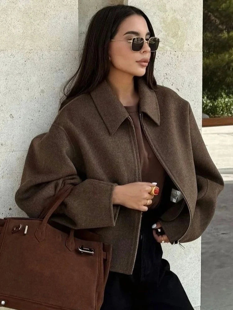 Brown Woolen Zipper Short Coat