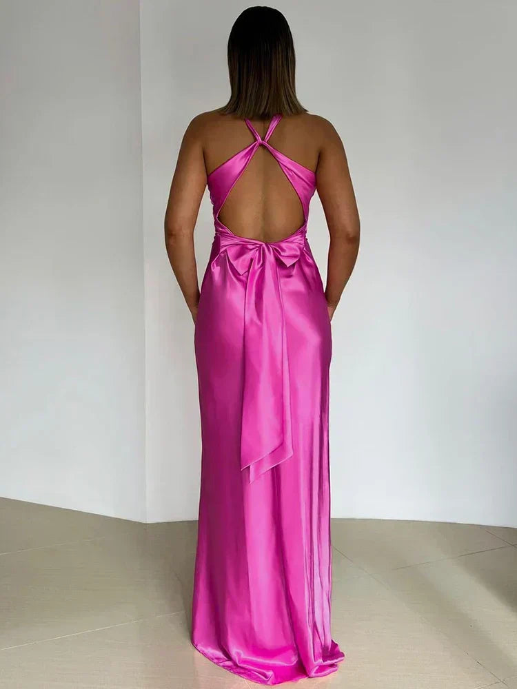 V Neck Sleeveless Satin Bow Backless Maxi Dress - View 5