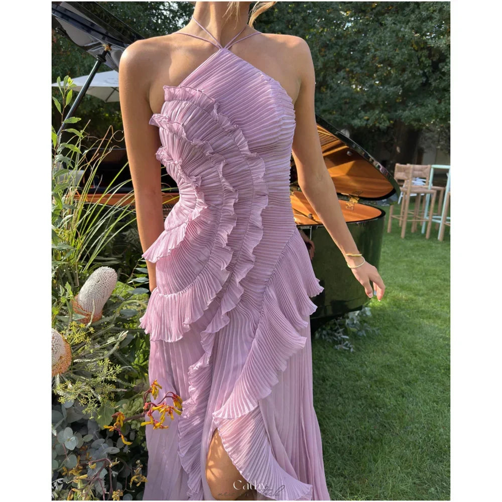 Satin Halter Neck Pleated Ruffle High Split Maxi Prom Dress