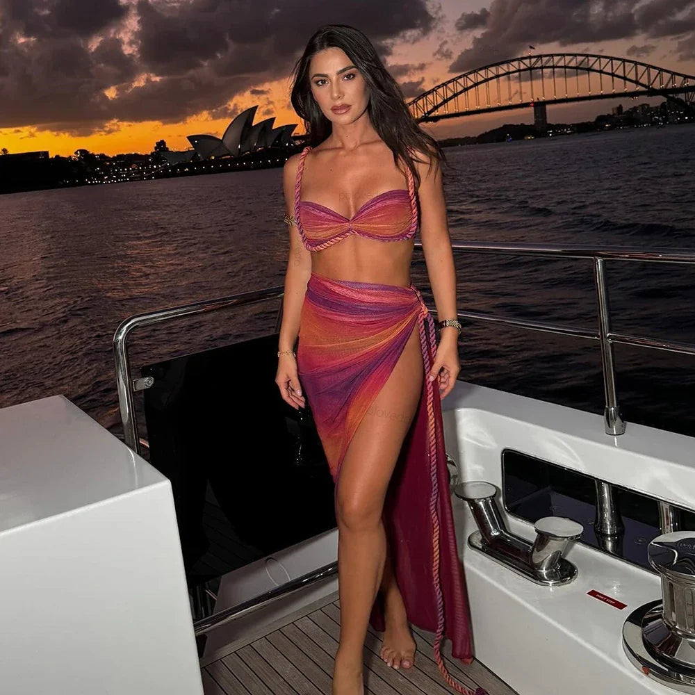 Gradient Cover Up Push Up Long Skirt Three Piece Swim Sets