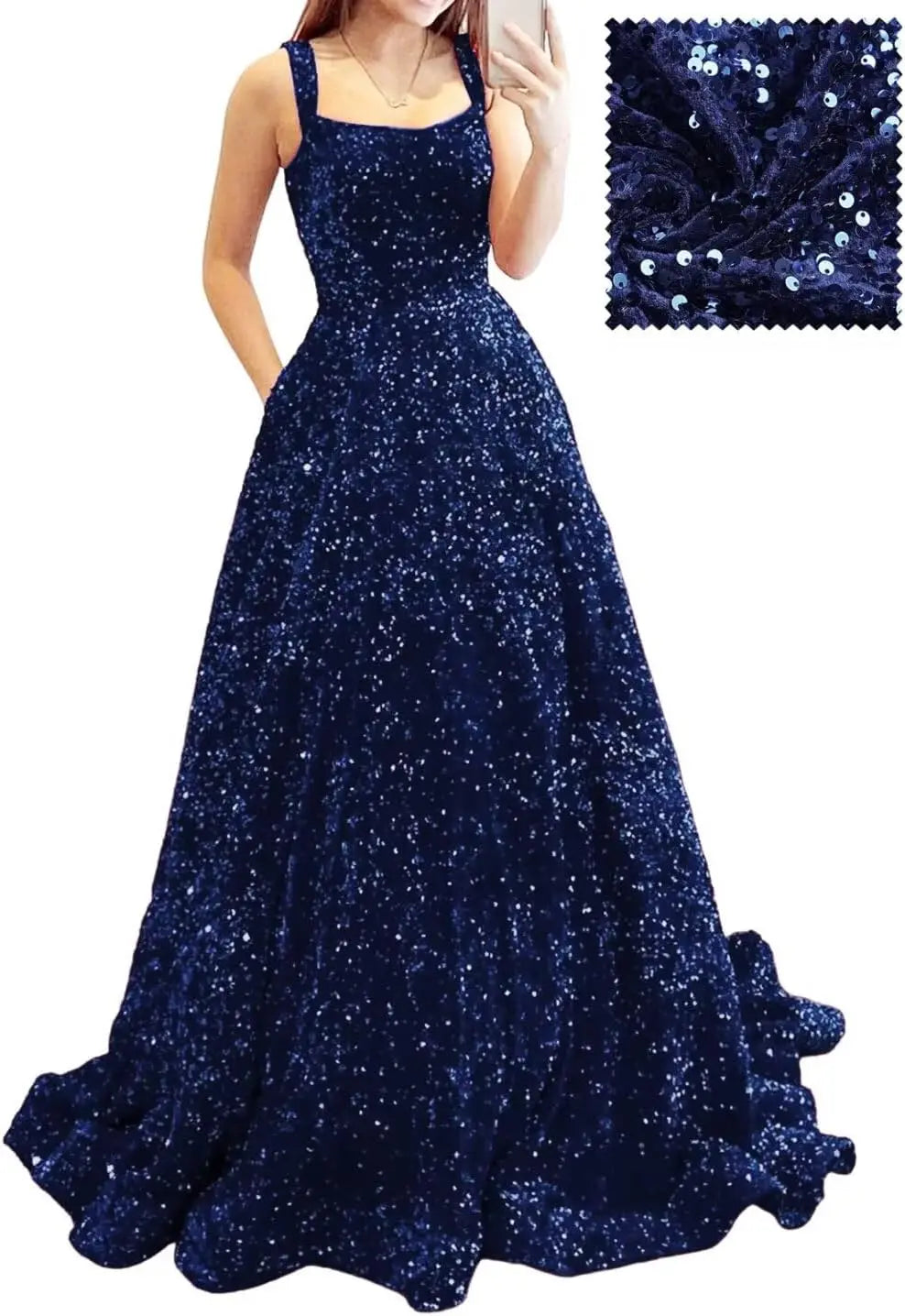 Elegant A-Line Velvet Prom Dress with Pockets and Sequins
